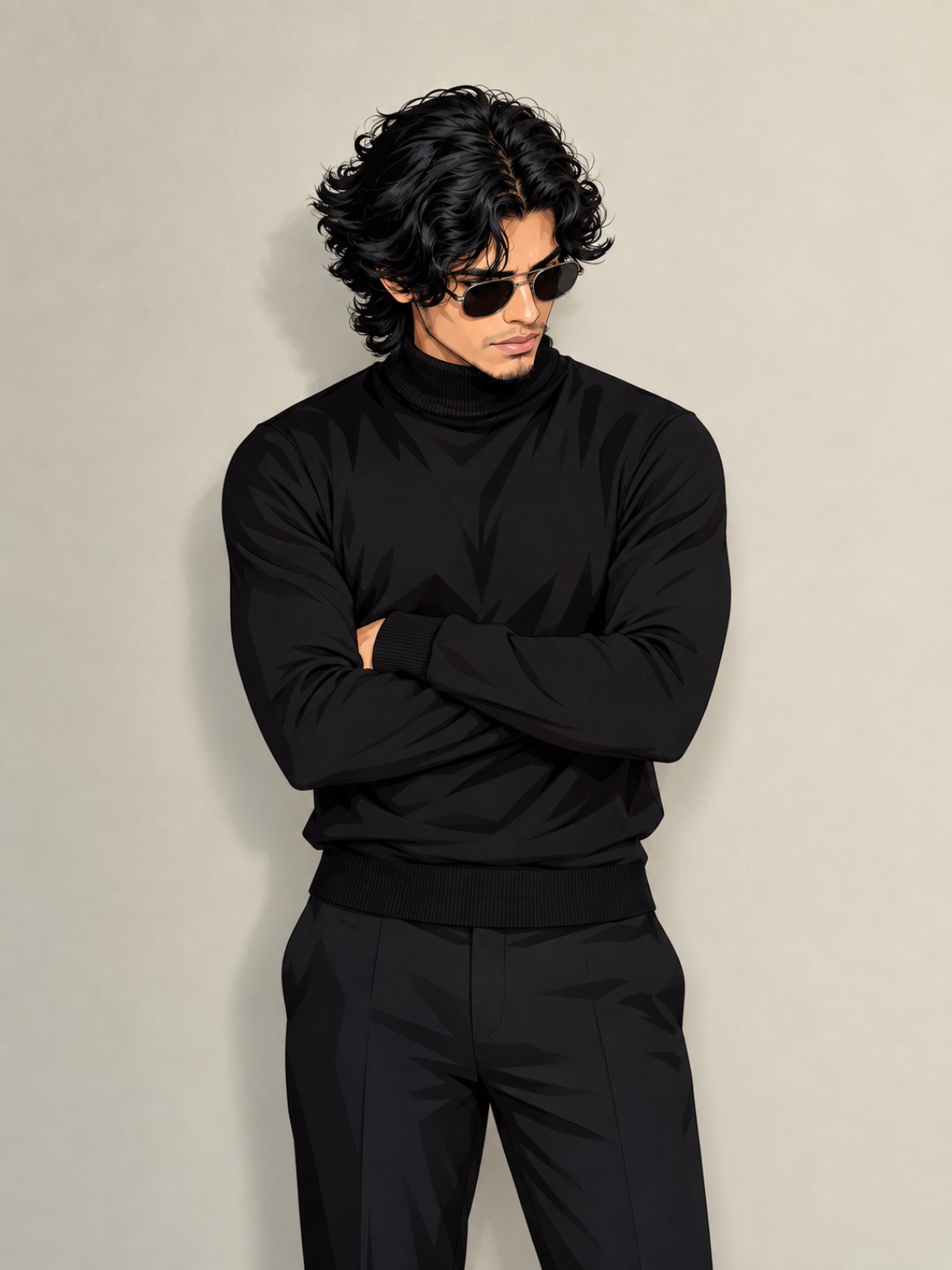 Illustrated portrait of Ajmal in a black sweater and sunglasses